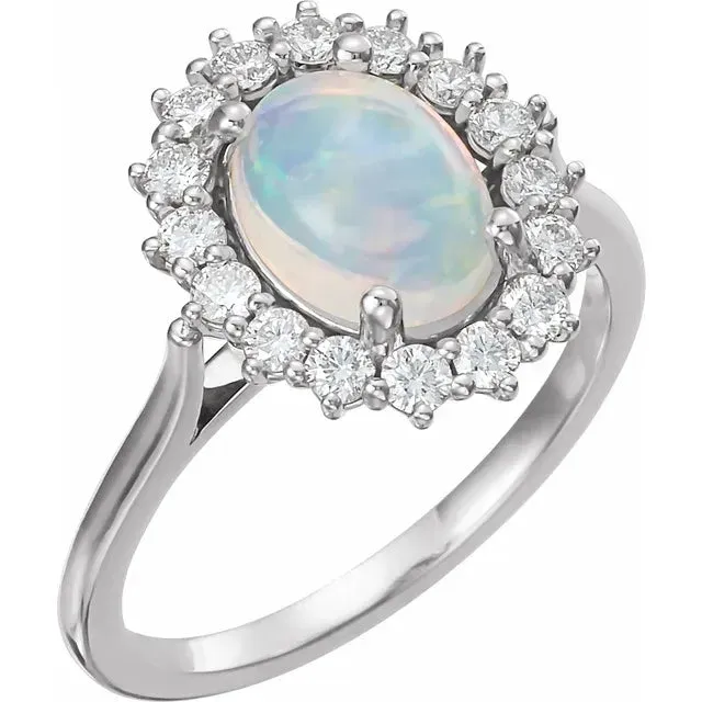 Fire Brilliance Rings Oval Natural Opal Setting with Diamond Accented Halo and Cathedral Shank Ring