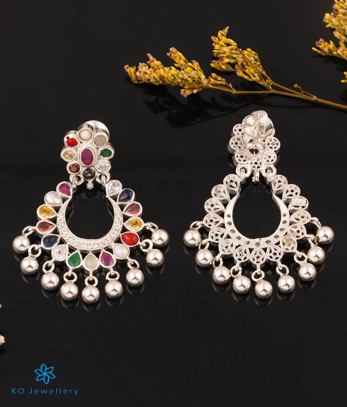 Rings Silversmith The Meghana Silver Navaratna Chand Bali Bright Silver
