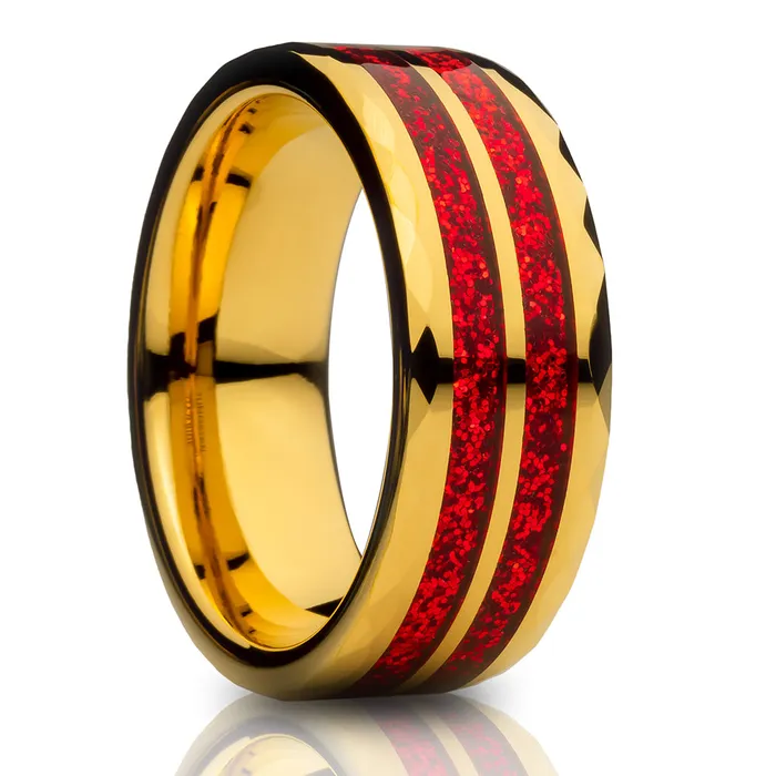 Clean Casting Jewelry Yellow Gold Glitter Ring Diamond Cut Wedding Ring Red Inlay Ring 8mm Wedding Band Rings